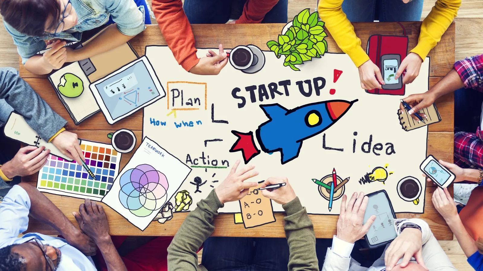 A team around a table, seen from above, planning on a large sheet with a rocket drawn under the words “Start up!”