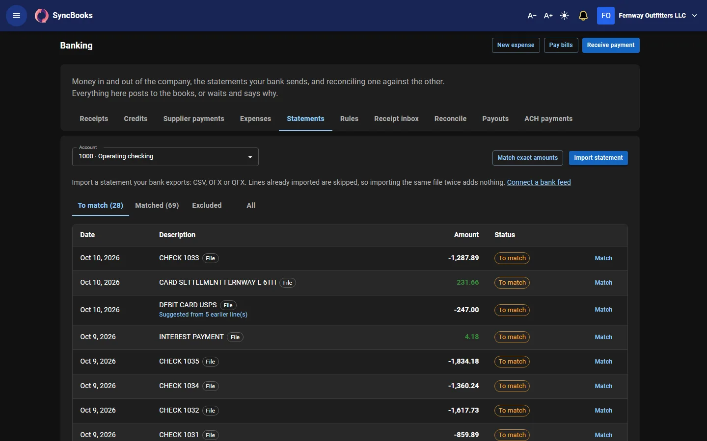 SyncBooks bank reconciliation: imported bank transactions with suggested matches