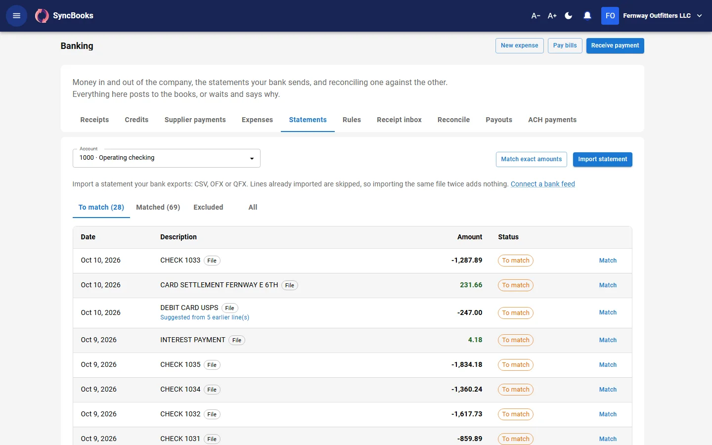 SyncBooks bank reconciliation: imported bank transactions with suggested matches