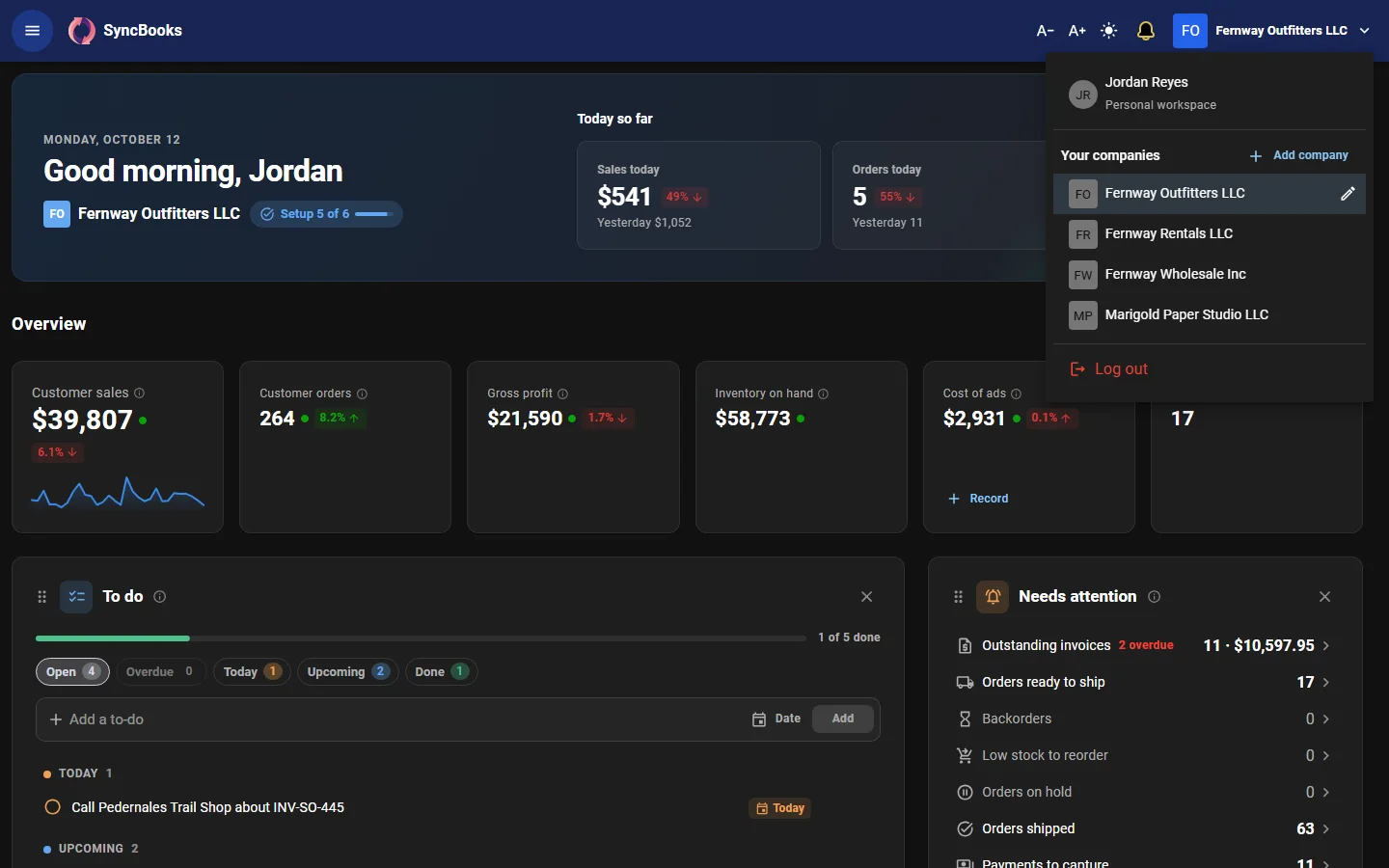 SyncBooks multi-company switcher listing several companies under one login