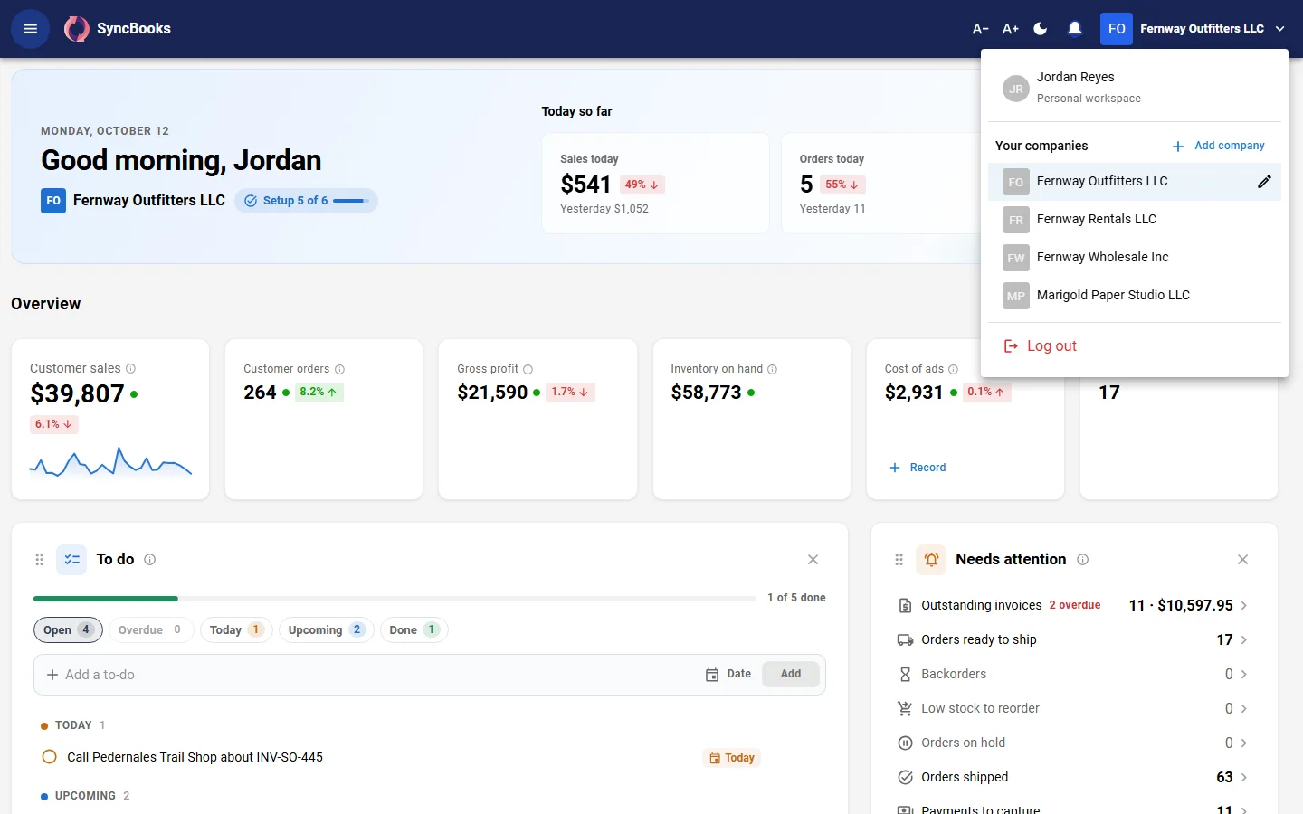SyncBooks multi-company switcher listing several companies under one login