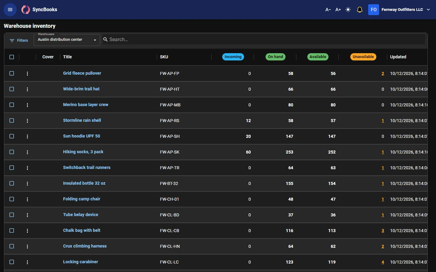 SyncBooks inventory management showing stock by warehouse, aisle and bin