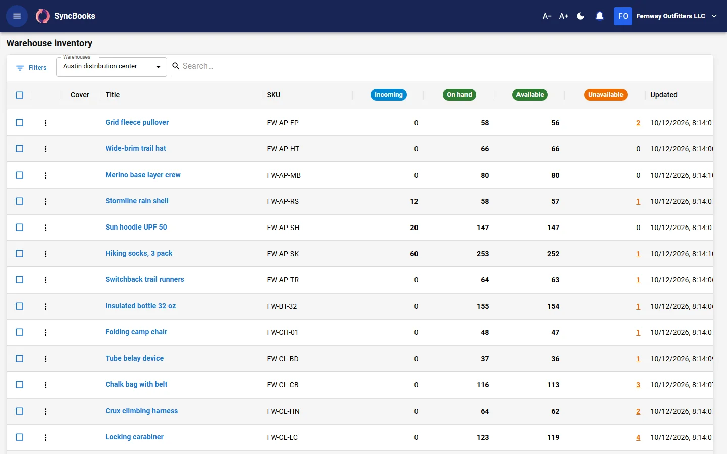 SyncBooks inventory management showing stock by warehouse, aisle and bin
