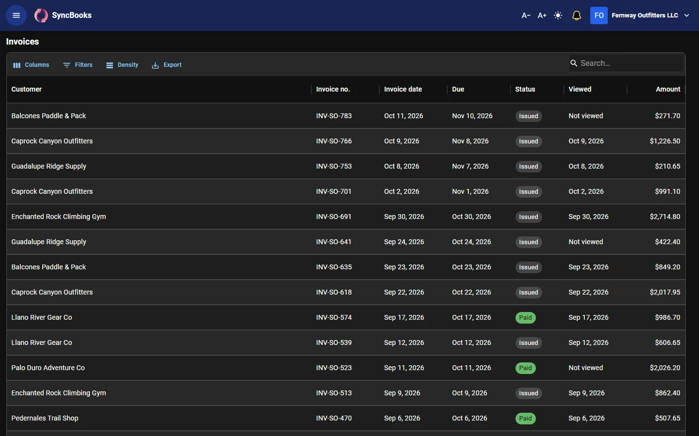 SyncBooks invoicing: a list of paid, open and overdue customer invoices