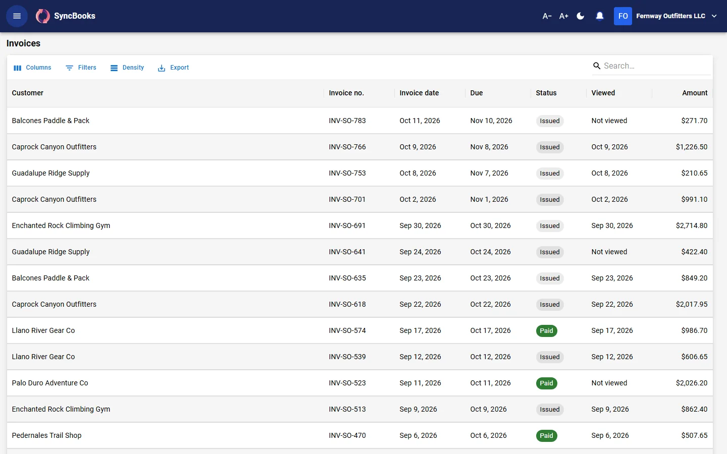 SyncBooks invoicing: a list of paid, open and overdue customer invoices
