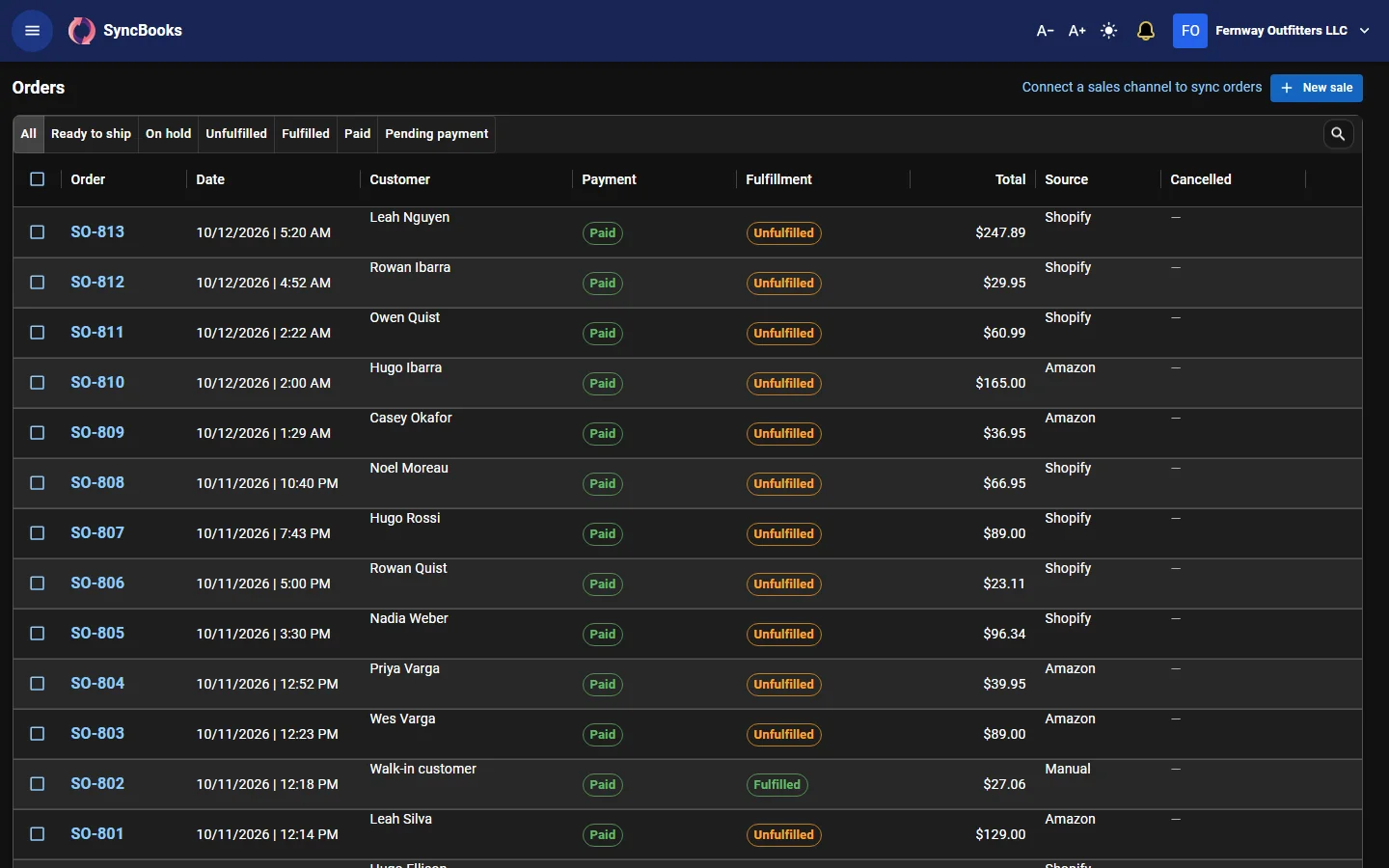 SyncBooks order management: orders from Shopify, marketplaces and manual sales in one list