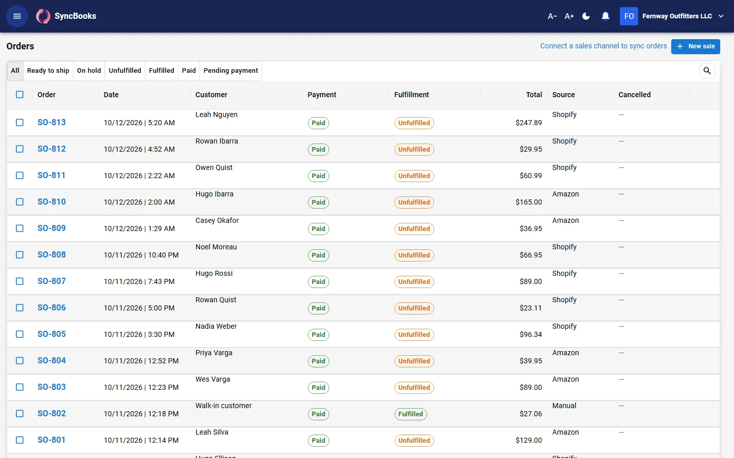 SyncBooks order management: orders from Shopify, marketplaces and manual sales in one list
