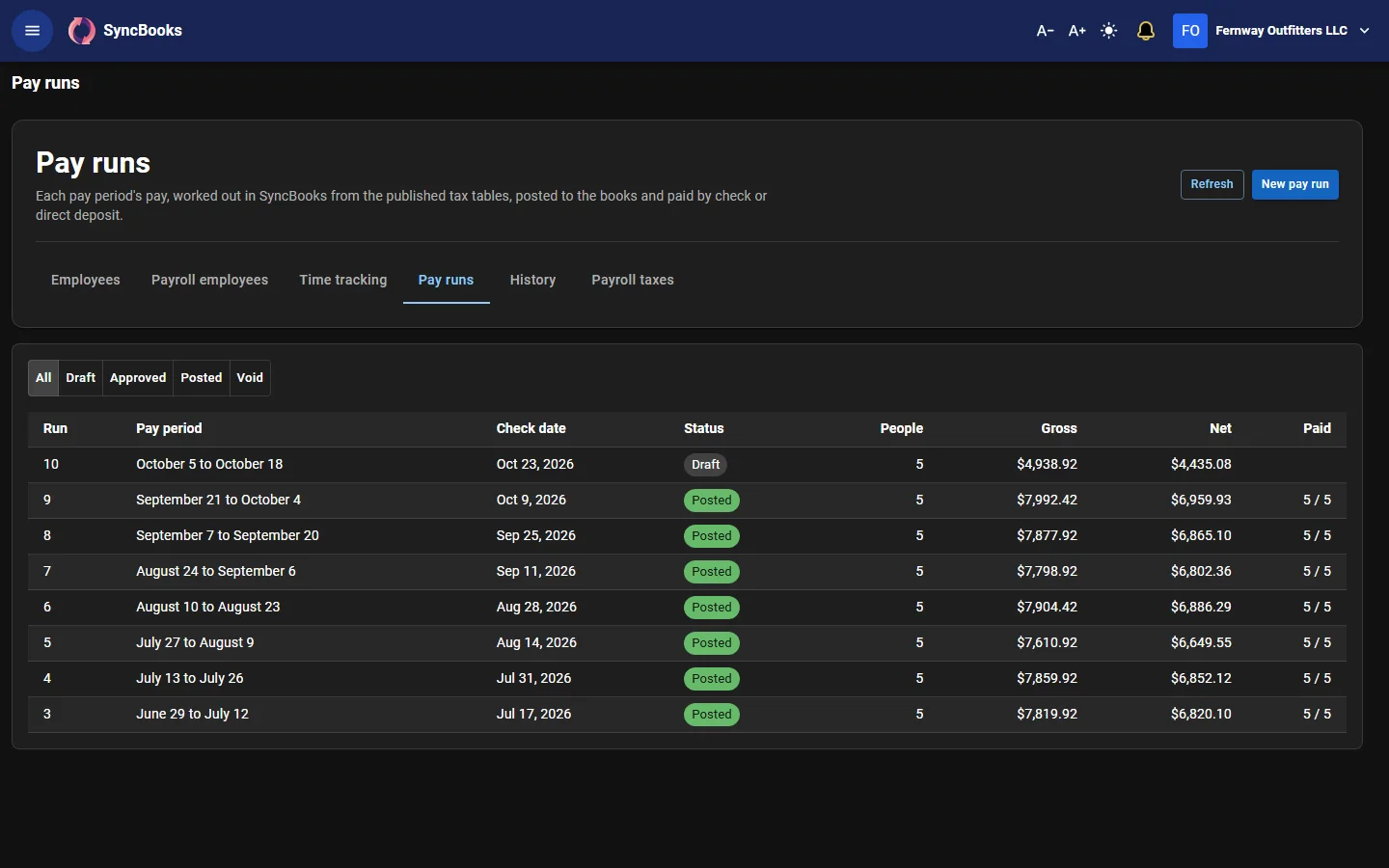 SyncBooks Payroll pay runs with pay periods, check dates and status