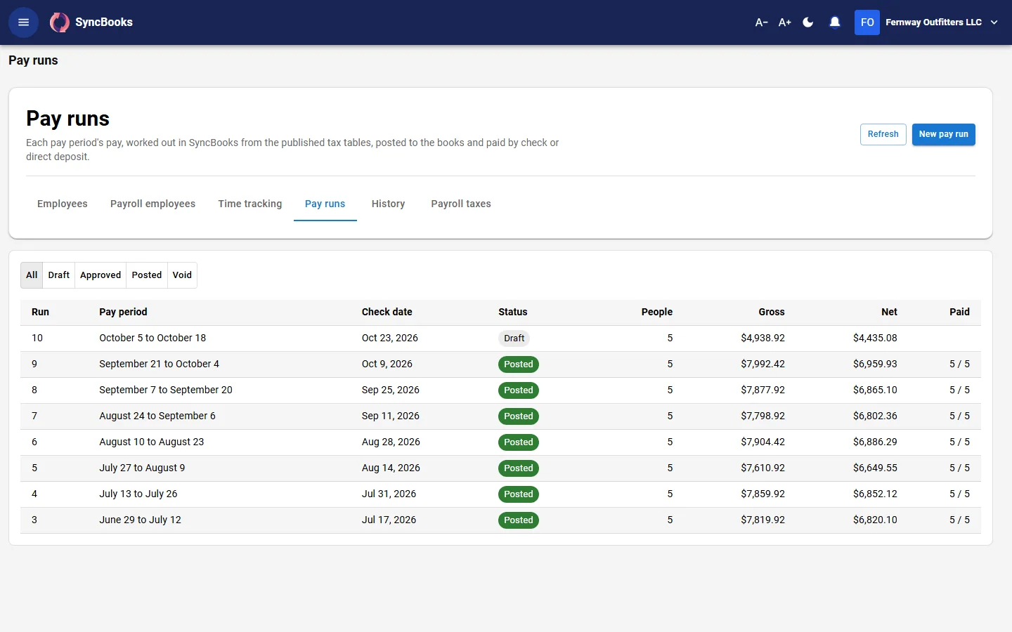 SyncBooks Payroll pay runs with pay periods, check dates and status