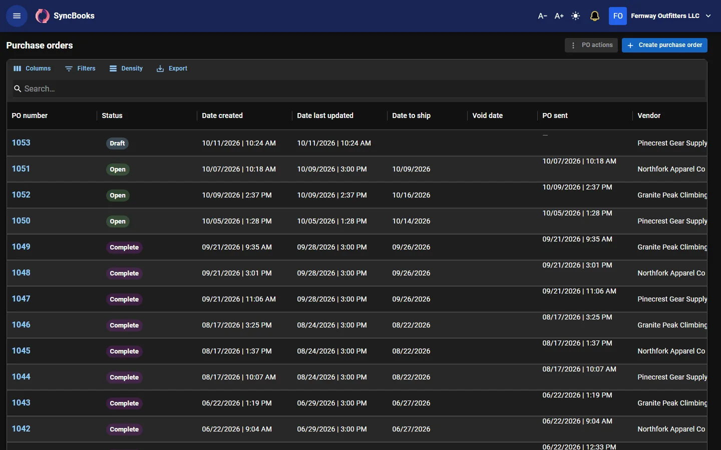 SyncBooks purchase orders list with sent, confirmed and received orders
