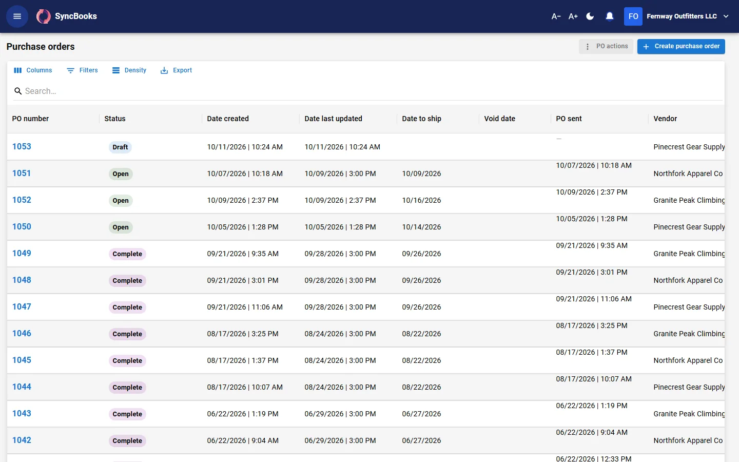 SyncBooks purchase orders list with sent, confirmed and received orders