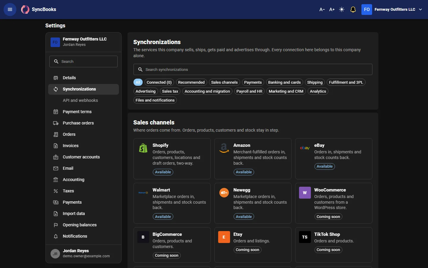SyncBooks integrations catalog: sales channels, payments, banks, shipping and ad platforms