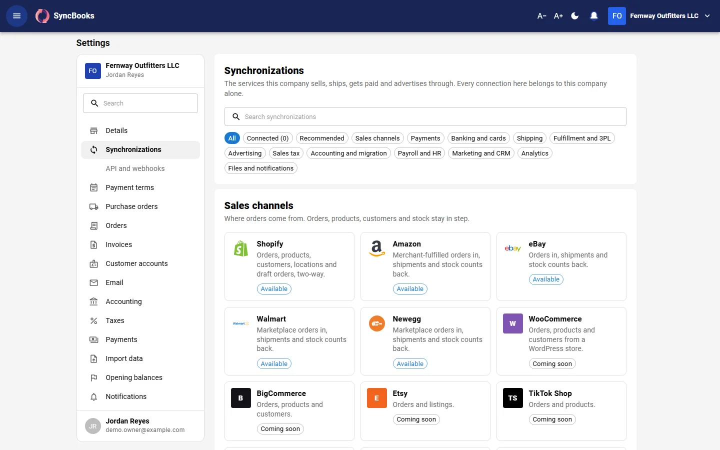 SyncBooks integrations catalog: sales channels, payments, banks, shipping and ad platforms